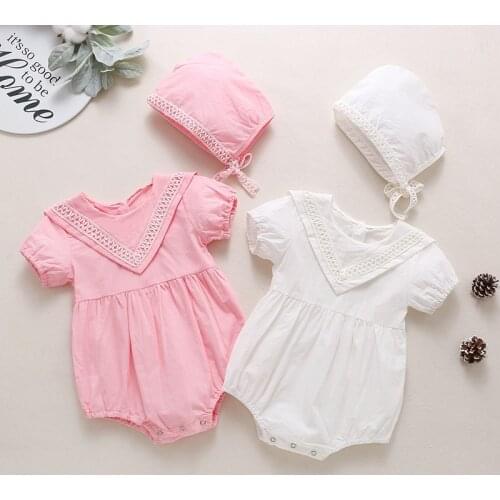 New Summer Baby Girl Bodysuit Sweet 2 Pcs Set Solid Ruffles Short Sleeve Baby Bodysuit+hat Breathable Party Baby Clothing 0-18M