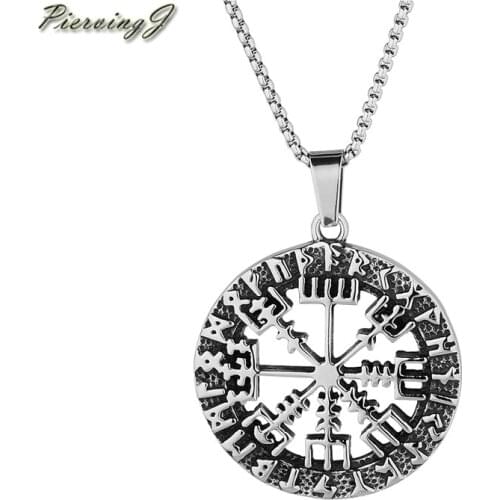 PiercingJ Stainless Steel Viking Odins Symbol of Norse Runic pendant Vegvisir Compass Talisman Helmet Horror Protection Pendant