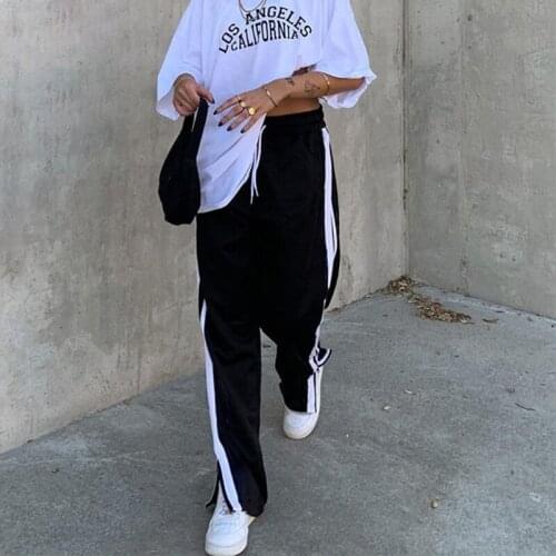 Harajuku Straight Long Trousers Fashion Side Striped Zipper Drawstring Black Sweatpants Women 2021 Pants Capris Streetwear