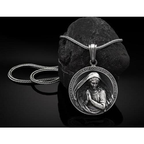 Religious Series Christianity Virgin Mary Prayer Catholic Retro Men and Women Pure Tin Pendant Necklace Tag Chain Necklaces