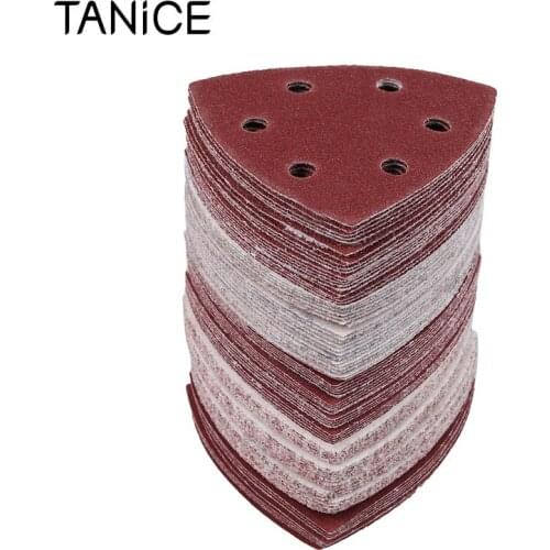 TANiCE 100PCS 40-180 Grain Grades 6-hole Sanding Triangular Triangles Sandpaper Sanding Discs for Delta Sanders Woodwork