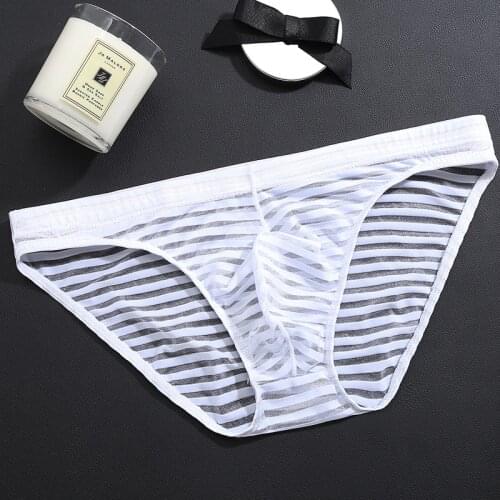 Mens triangle underwear ultra-thin ice silk stripes transparent sex mens briefs comfortable breathable quality male panties