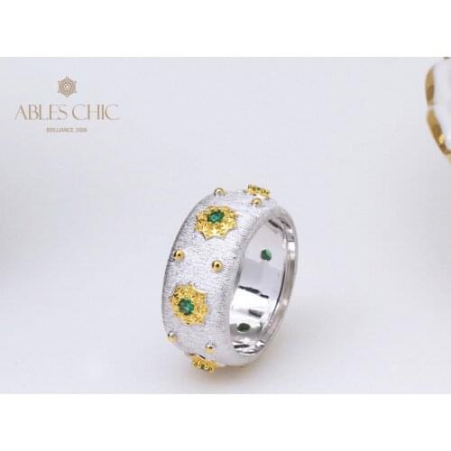 Solid 925 Silver Gold Tone CZ Stars Renaissance Bridal Rings Emerald Zircons Silky Floral Wide Wedding Band Premium Fine Jewelry