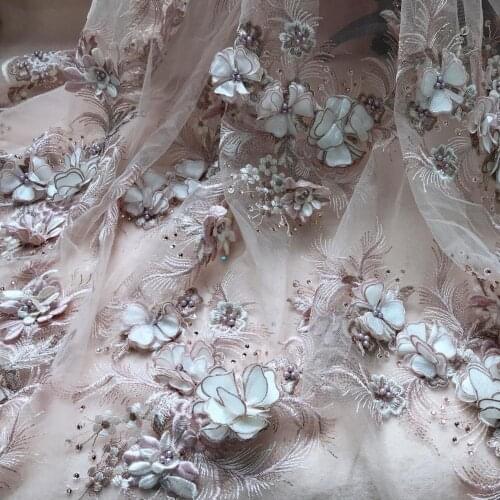 High end 3D Flower Appliques Lace Fabric Embroidery Pearls Beaded Tulle Netting Lace Crafts Materials For Wedding / Party Dress
