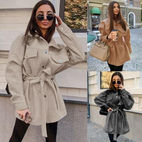 Womens Fleece Casual Jacket Shacket Pocket Warm Coat Oversize Baggy Belt Outwear