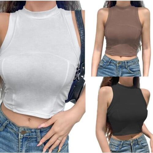 Women’s Summer Casual Round Neck Vest Fashion Solid Color Exposed Navel Sleeveless Tops