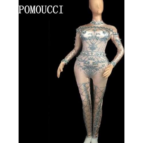 Women New Sexy Stage Big Rhinestones Jumpsuit Nightclub Sexy Glisten Dance Costume Birthday Celebrate Singer Evening Bodysuit
