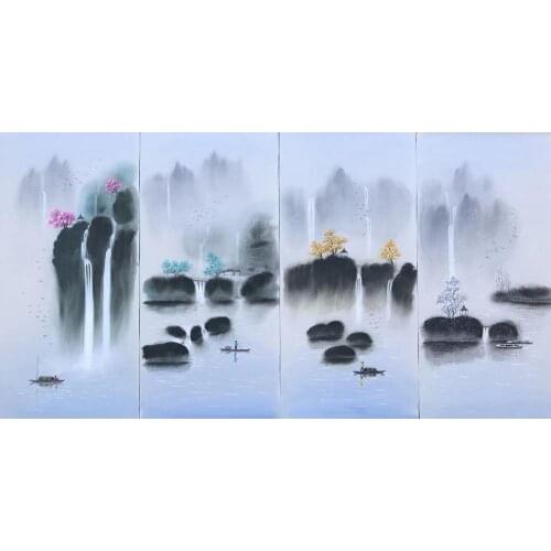 100% Hand Painted 4 pcs Modern Chinese Landscape Oil Painting on Canvas Abstract Canvas Painting Wall art Picture for Home Decor