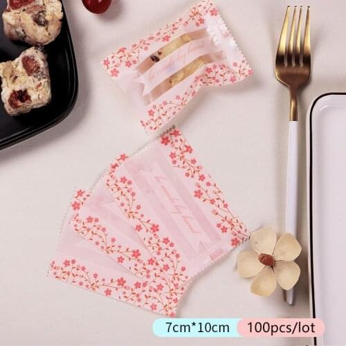 100pcs/lot Cookie Candy Packaging Bag Splicing Cellophane Romantic Pink Flower Homemade Plastic Snowflake Crispy Frosted Pack
