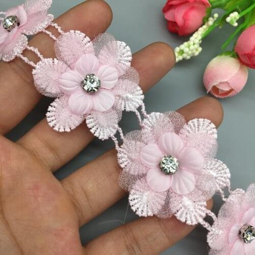 2 yards 4CM Pink Rhinesones 3D Snowflake Pearl Lace Trim Fabric Ribbon Applique Sewing Craft DIY Handmade Wedding Dress