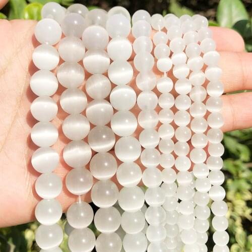 4 6 8 10 12mm Natural White Cat Eye Stone Beads Hight Quality Round Loose Beads For Jewelry Making Moon Stone DIY Bracelet 15
