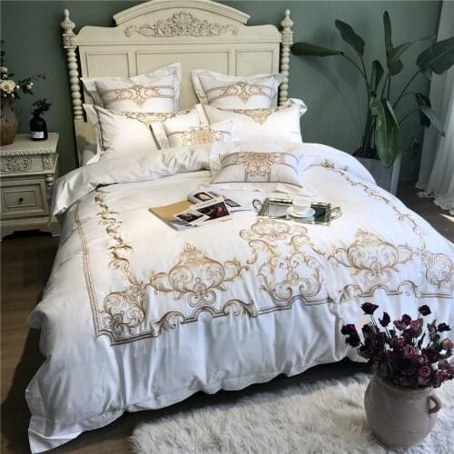 White Golden Luxury 100S Egyptian cotton Embroidered Bedding sets Queen King Royal Duvet cover Bed sheet set Pillowcases 4/6pcs
