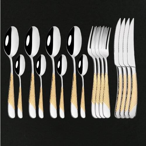 4People Gold Tableware Set 18/10 Stainless Steel Dinnerware Set Steak Knife Fork Spoon Flatware Set Dishwasher Safe Cutlery Set