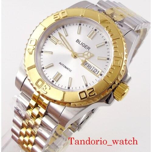 40mm Bliger Two Tone White Dial 24Jewels Japan NH36A New Automatic Men Watch Sapphire Glass Date Week Window Alloy Bezel