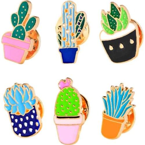6 Style Cartoon Fashion Enamel Pin Metal Brooch Mini Green Plant Potted Cactus Button Brooches Denim Jacket Collar Badge Pins