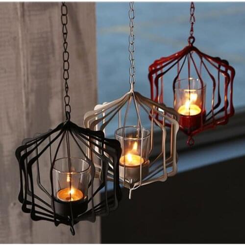 White Black Red Decorative Hanging Candle Lantern Iron Hanging Candle Holder With 35cm Chain Coffee Store Cup Candlestick Holder