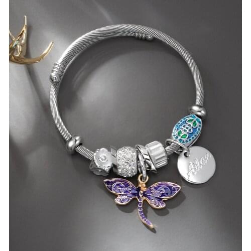 Fashion Animal Dragonfly Open Cuff Bracelet For Women Ethnic Love Letter Charm Crystal Bead Stainless Steel Wire Bangles Jewelry