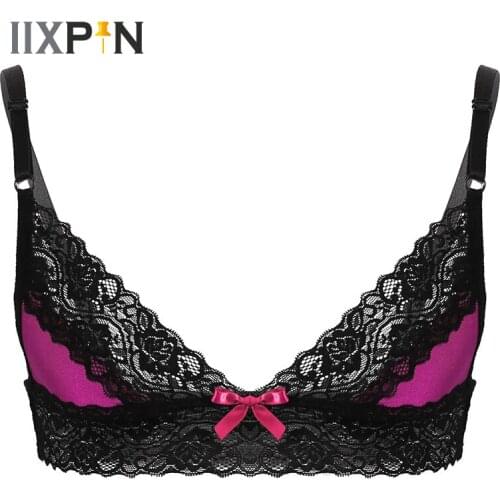 Mens Erotic Sissy Lingerie Floral Lace Trim Bras Adjustable Shoulder Straps Triangle Cups Bralette Wire-free Unlined Bra Tops