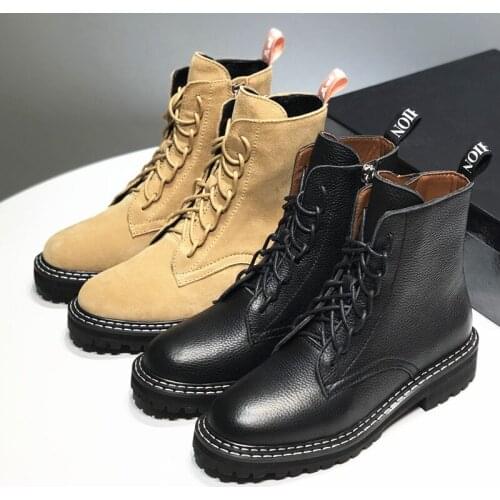 Leather Boots Women Med Heels Ankle Boots For Women Winter Botas Mujer Thick Sole Botas Feminina Zapatos De Mujer