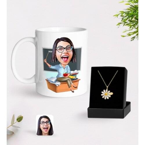 Personalized Women 'S Teacher Caricature Of Mug And Daisy Necklace Gift Seti-2