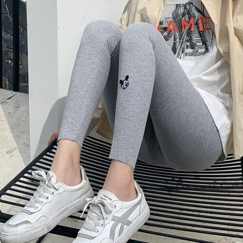 Fashion Solid Spring Autumn Tight Thin Stretchy Leggings Lady Cotton Pants Women Disney Mickey Embroidery Casual Trousers