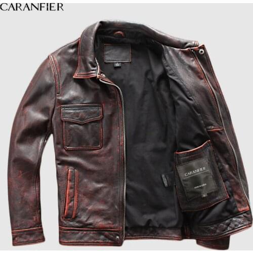 CARANFIER DHL Free Shipping Mens 100% Cowhide Genuine Leather Jacket High quality old retro motorcycle leather jacket 3XL