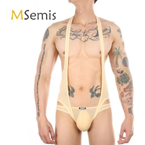 Mens One-piece Lingerie Body Chest harness Halter Neck Elastic Wide Straps Mankini Jockstrap Underwear Leotard Bodysuit