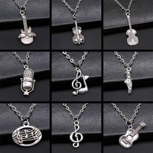Musical Jewelry Gift For Women Men Girl Boys Musical Note Microphone Drum Guitar Violin Pendant Necklace Antique Silver Color