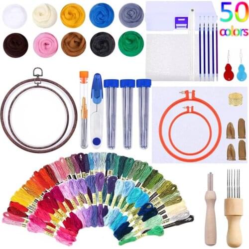 LMDZ Embroidery Kit with Needle Felting Supplies Embroidery Sets Embroidery Hoops Thread Wool Roving for Embroidered Painting