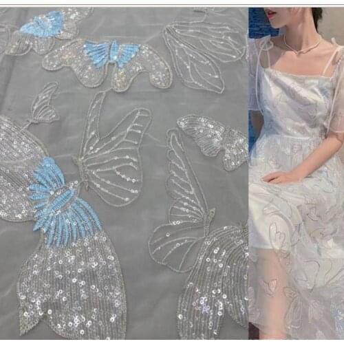 New Butterfly Sequins Embroidered Fabric Womens Dress Childrens Wear Wedding Gauze Fabric
