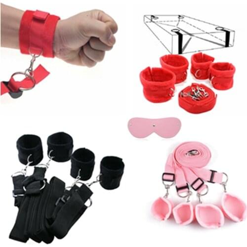 Plush Wrists Ankle Cuffs Open Thigh Sex Handcuffs BDSM Bondage Set Under Bed Restraint Strap System Adults Game Toys For Couple