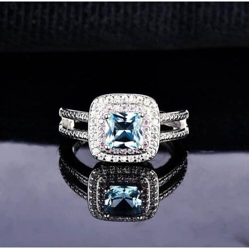 QTT New Style Double Zircon Ring 925 Sterling Silver Sea Blue Crystal Rings for Women Female Wedding Engagement Luxury Jewelry