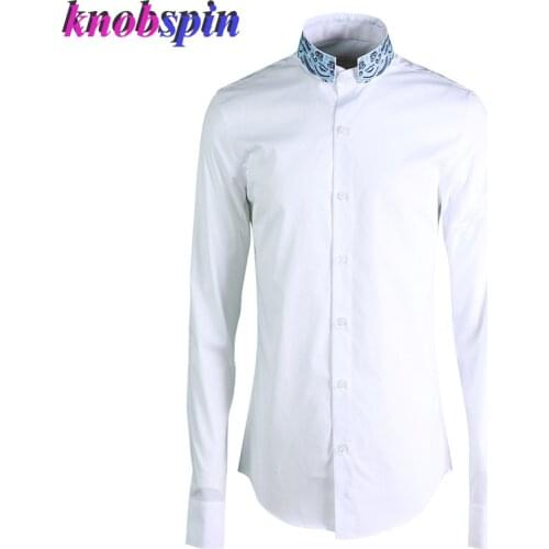 Fashion Mens Shirt Elegant Embroidery Collar long sleeve Slim Camisas masculina Solid color plus size 80% Cotton Shirts male