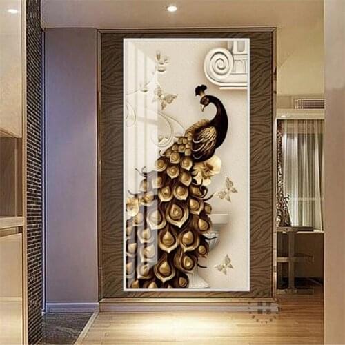Custom Self Adhesive wallpapers 3D stereo murals relief golden peacock background home decor porch papel de parede Waterproof