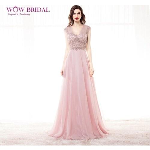 Wowbridal Gorgeous Long Evening Dress 2021 Sexy V-Neck Open Back Crystal Embroidered Chiffon A-Line Ruffles Sweep Train Dress