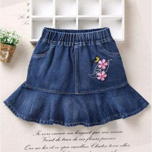 New Baby Girls Clothing Tutu Denim Skirt Casual Children Skirts Embroidered Birds And Flowers For Kids Girl Jeans skirt