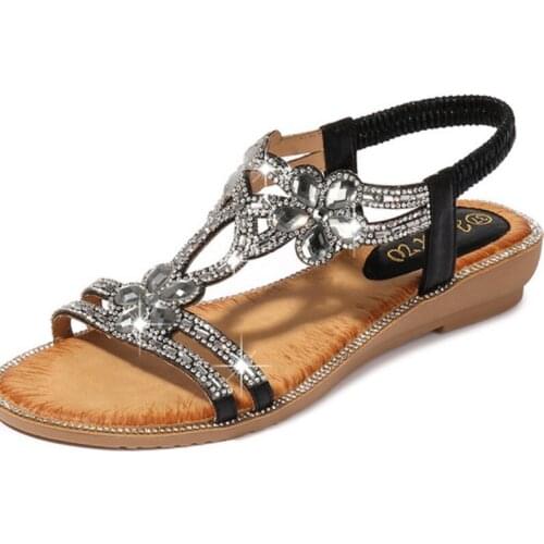 Women Shoes Beach Sandals Elastic Band Slip On Low Heel Wedge Sandals Women Summer Shoes Rhinestone Flower Lady Sandales WSH3982