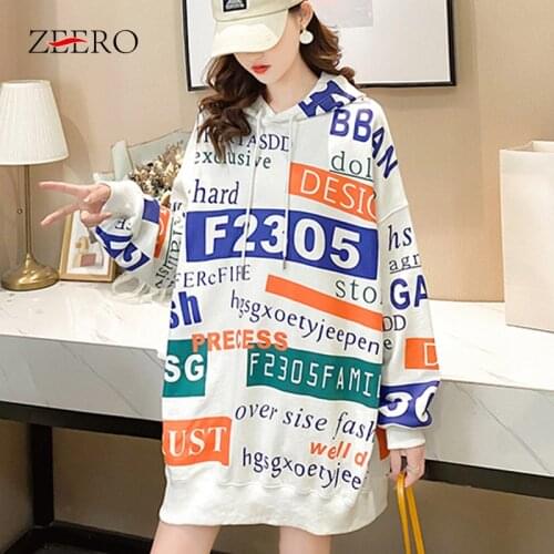 2020Korean Women Winter Velvet Thickening Hooded Pullover Long Sleeve Letter Casual Warm Tops Female Sweatshirt Straight Dresses