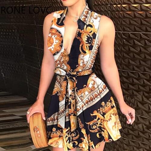 Women Sleeveless Baroque Print Tie Waist Shirt Dress Elegant Fashion Mini Dress Chic Dress