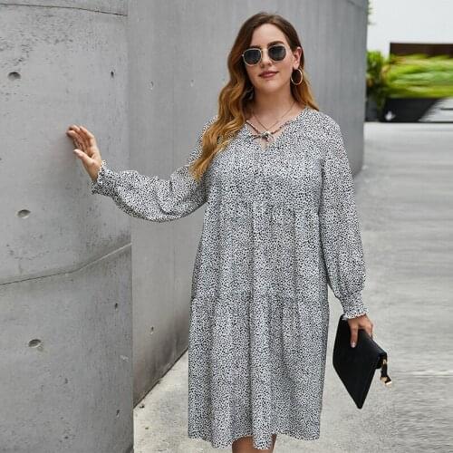 PlusSister Plus Size Loose Womens Autumn Dresses Elegant V Neck Long Sleeve Oversize Dress Dot White Bandage Vestidos Longo New