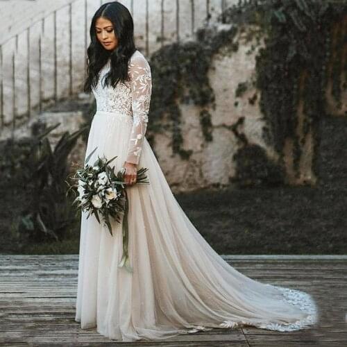 High Neck Modest Illusion Long Sleeve Romantic Floral Appliques A-Line Tulle Boho Beach Wedding Dresses 2020 Vestidos De Novia