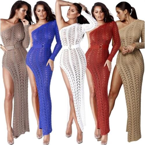 RStylish Women 2021 Autumn Sexy One Shoulder Long Sleeve Hollow Out Knitted High Slit Bodycon Maxi Club Party Beach Dress