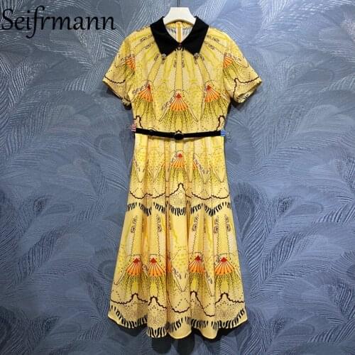 Seifrmann New 2021 Summer Women Fashion Designer Party Midi Dress Short Sleeve Sashes High Waist Vintage Printed A-Line Dresses