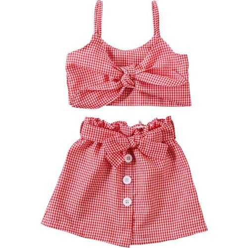 2020 Baby Summer Clothing 2PCS Toddler Kids Baby Girl Plaid Vest Crop Tops Sash Skirt Outfit Clothes