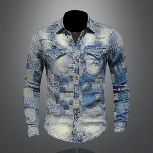 2021 Spring Autumn Artistic Style Personality Patch Denim Shirt Casual Slim Fit Mens Clothing 61068
