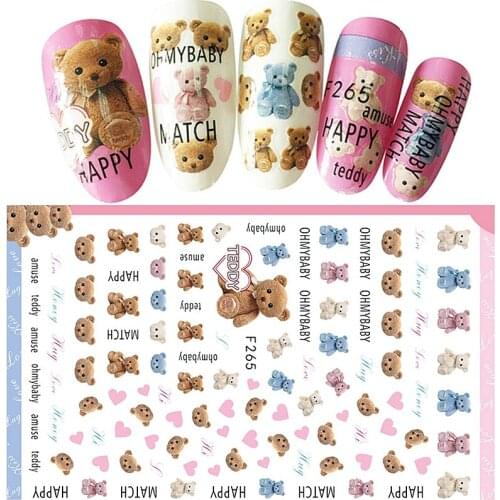 4 sheets cartoon bear heart design adhesive nail art decorations sticker decals acrylic manicure tool nail accessories F263-266