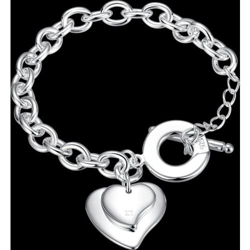 925 sterling silver romantic Double Heart card Pendant Bracelets for mens women Wedding party Christmas Gifts fashion Jewelry