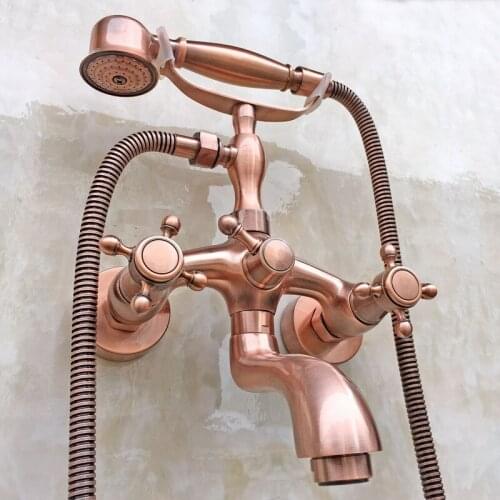 Antique Red Copper Brass Double Cross Handles Wall Mounted Claw Foot Bathroom Tub Faucet Mixer Tap With Handshower mtf801