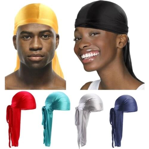 Satin men Stretchy Cap Hip Hop Du Doo Rag Durag Wigs Turban Bandana Headwear Solid Color long Hat Tie Down tail Hair Accessories