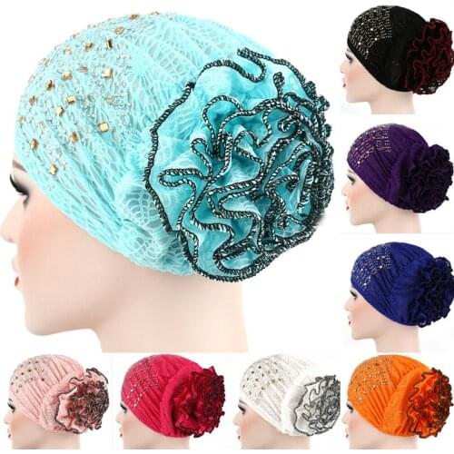 New Solid Diamonds Hijab Turban Cap Muslim Big Flower Headdress Hat islamic under scarf bonnet ladies Bandana Hair Accessories